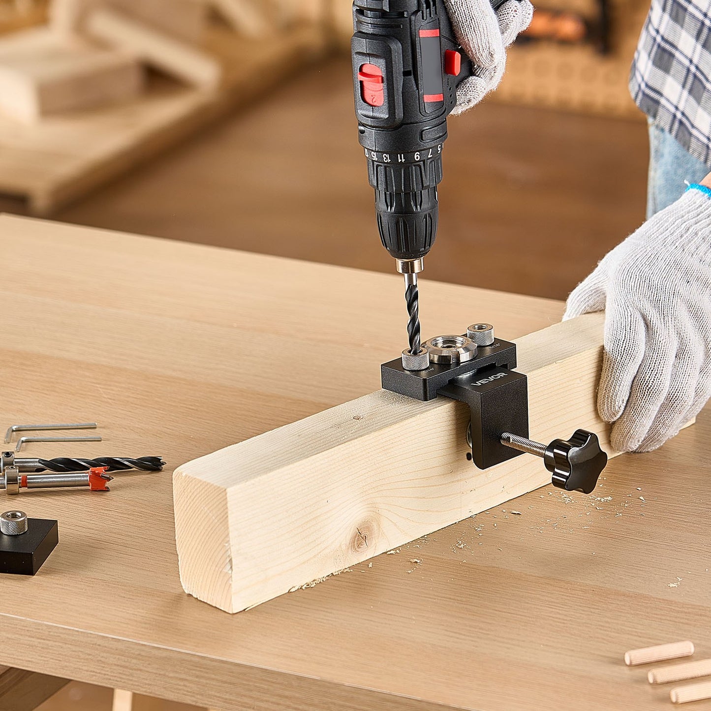 Doweling Jig Kit, Self Centering Dowel Drill Jig for Straight Holes, Aluminum Alloy Woodworking Joints Tool with 3 Size Drill Bits 6.4 / 7.9 / 15 mm, Adjustable Width, for Wood Working