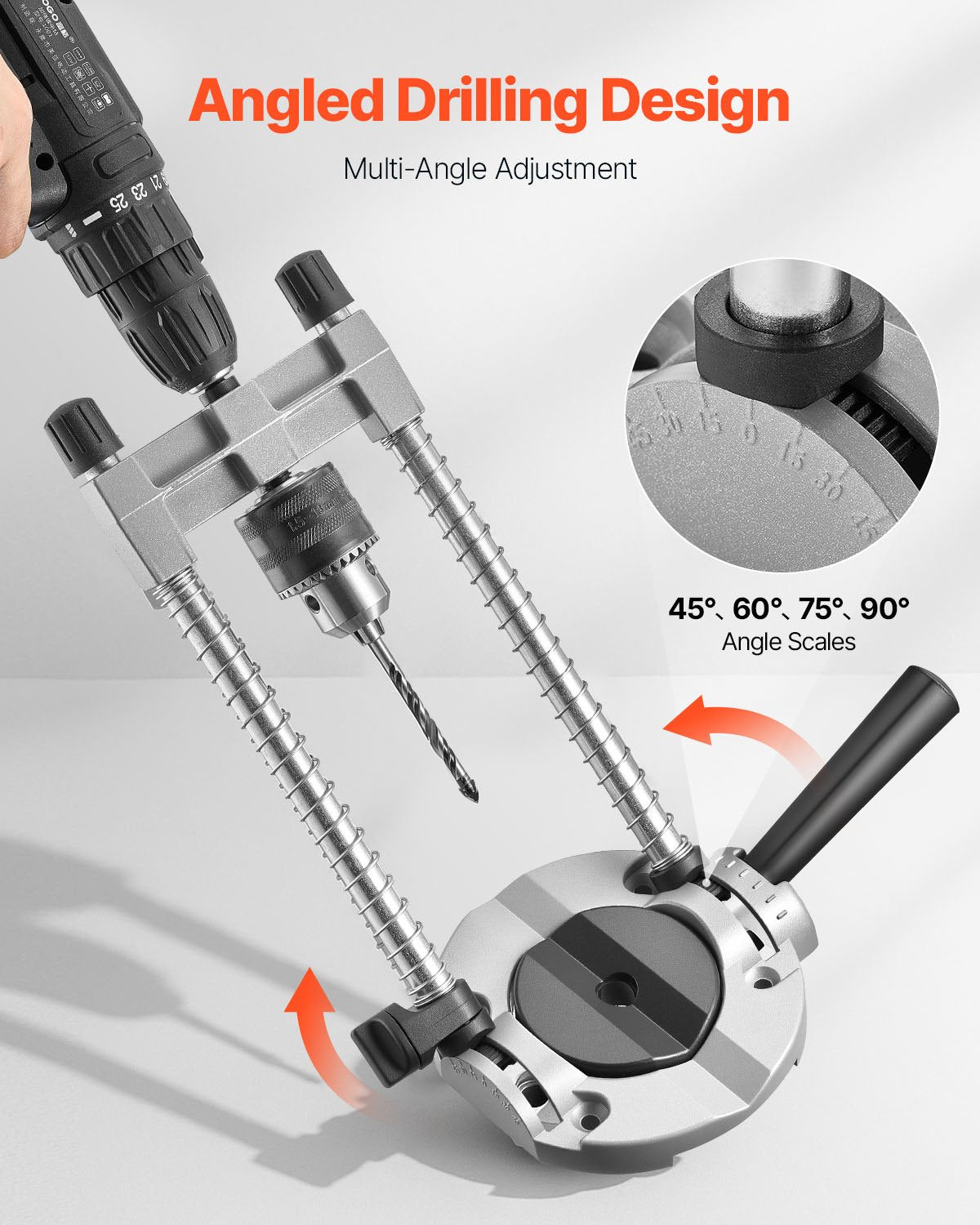 Drill Guide, Multi-Angle Press Portable Precision Drilling Guide Jig Attachment, with Large Handle and Mounting Holes, Aluminum Alloy, for Drilling Angled or Straight Holes, for Wood Working