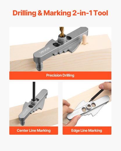 Doweling Jig Kit, Self Centering Dowel Drill Jig for Straight Holes, with Drill Bit Set 6.4 / 7.9 / 9.5 mm and Drill Bit Stop Collar Set, Aluminum Alloy Woodworking Tools for Drilling, Marking