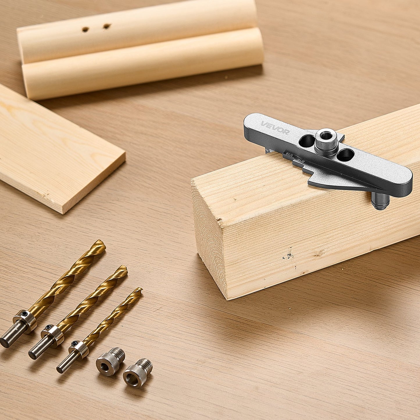Doweling Jig Kit, Self Centering Dowel Drill Jig for Straight Holes, with Drill Bit Set 6.4 / 7.9 / 9.5 mm and Drill Bit Stop Collar Set, Aluminum Alloy Woodworking Tools for Drilling, Marking