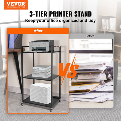 VEVOR Printer Stand 3-Tier Rolling Printer Cart with Wheels and Storage Shelves