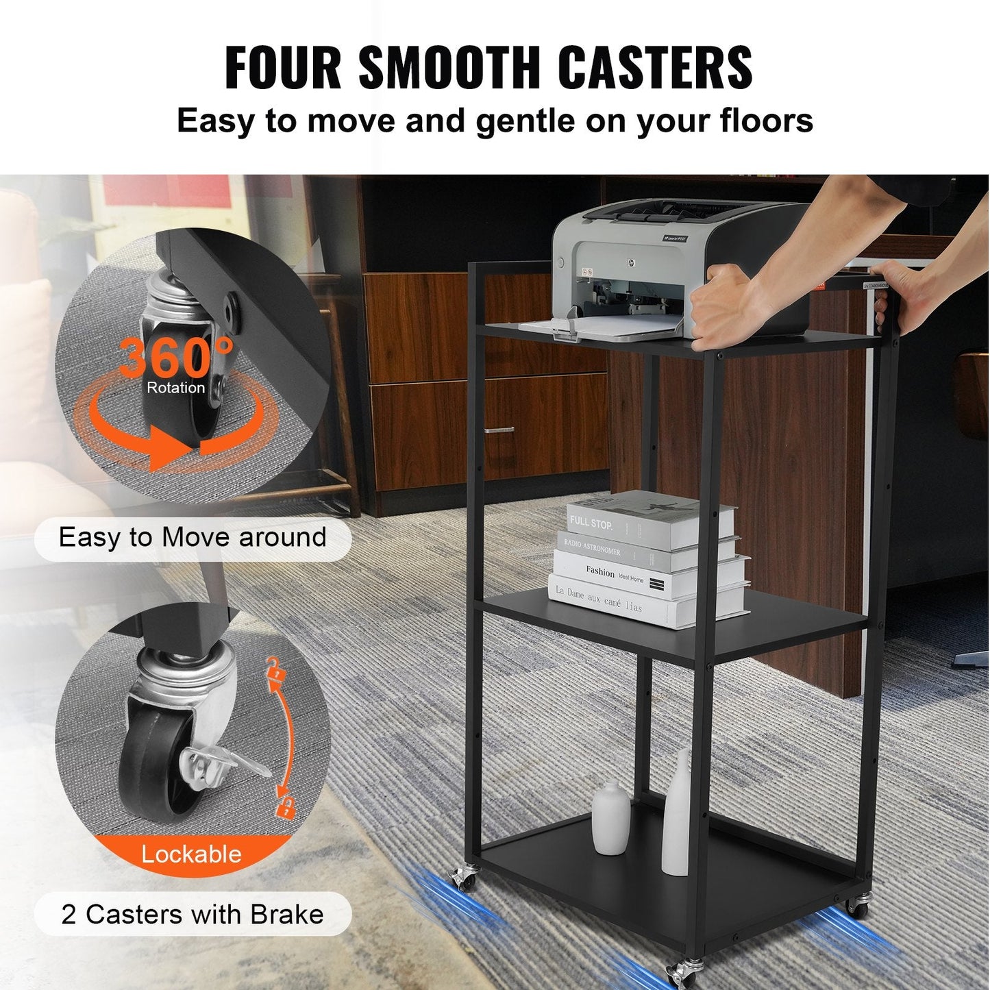 3-Tier Rolling Printer Cart with Wheels and Storage, 45 kg Capacity
