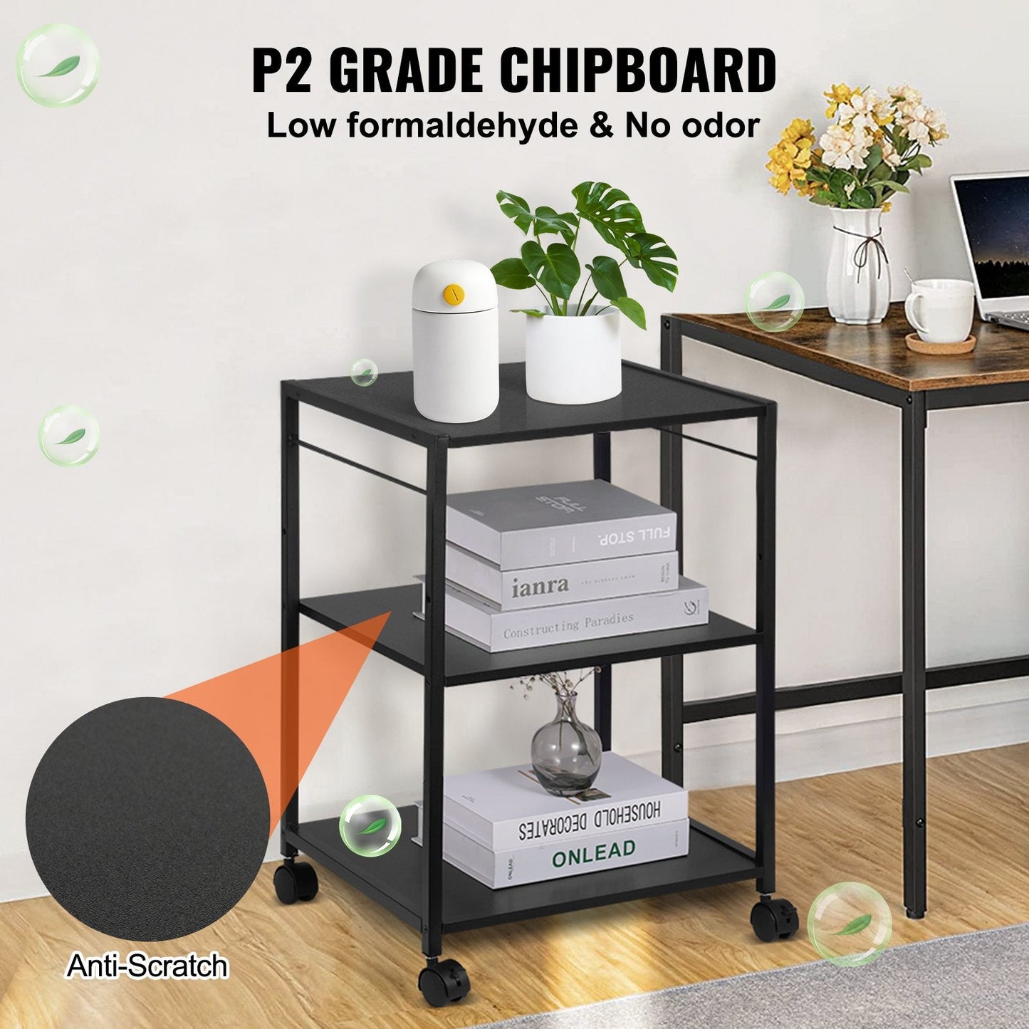 3-Tier Rolling Printer Cart with Hooks and Storage Shelves, 420x350x600 mm
