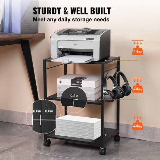 3-Tier Rolling Printer Cart with Hooks and Storage Shelves, 420x350x600 mm