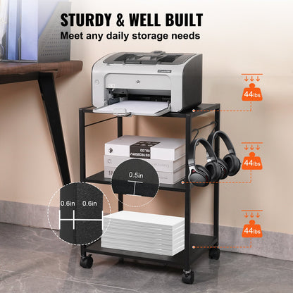 VEVOR Printer Stand 3-Tier Rolling Printer Cart with Hooks and Storage Shelves