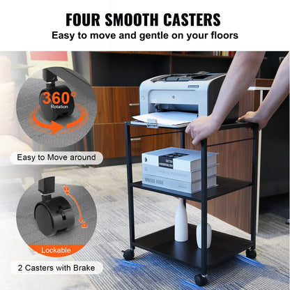 VEVOR Printer Stand 3-Tier Rolling Printer Cart with Hooks and Storage Shelves