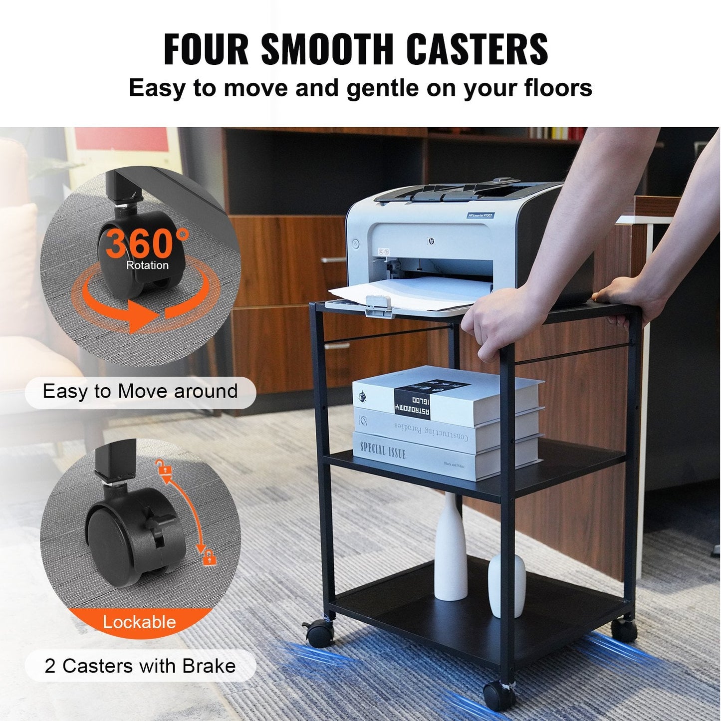 3-Tier Rolling Printer Cart with Hooks and Storage Shelves, 420x350x600 mm