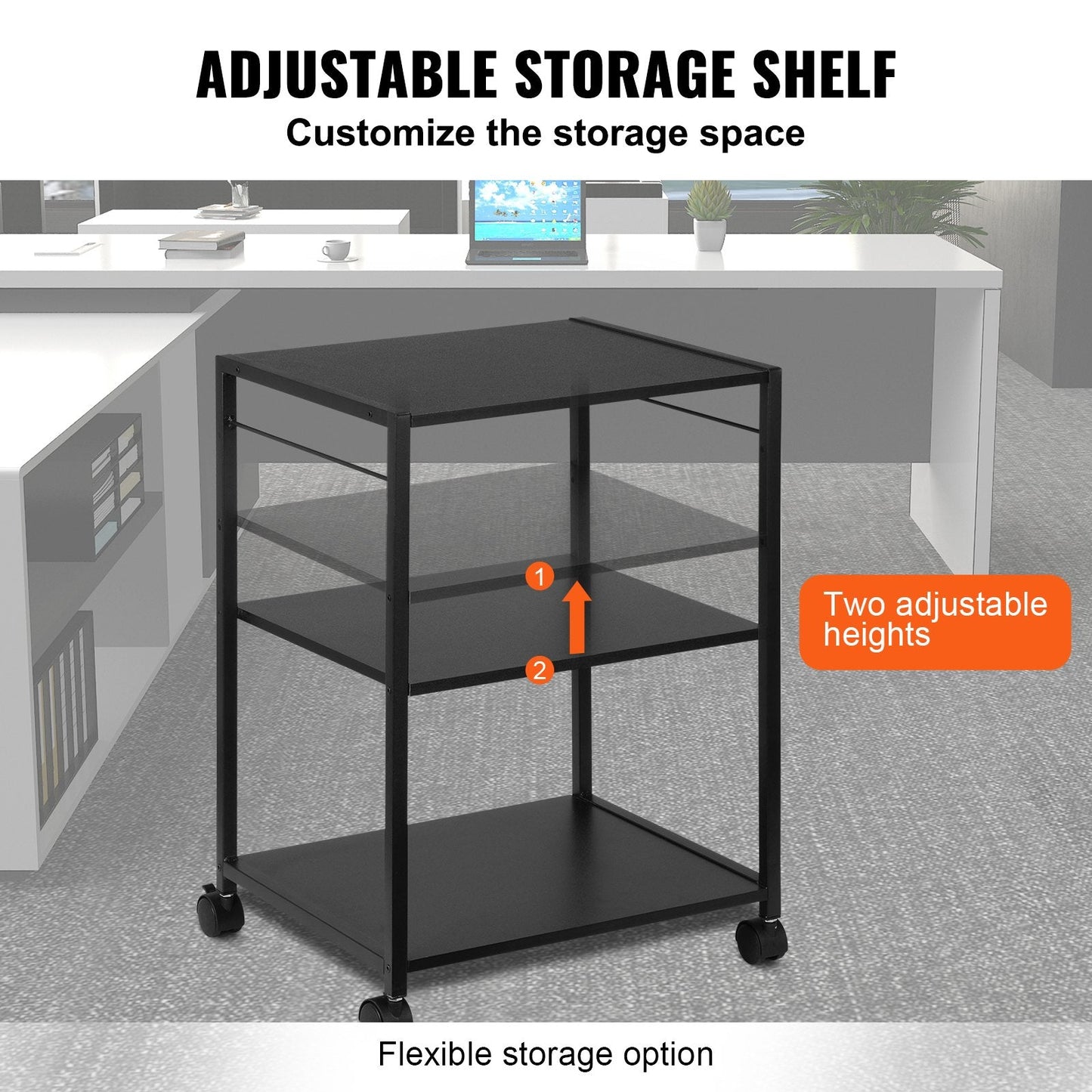 3-Tier Rolling Printer Cart with Hooks and Storage Shelves, 420x350x600 mm