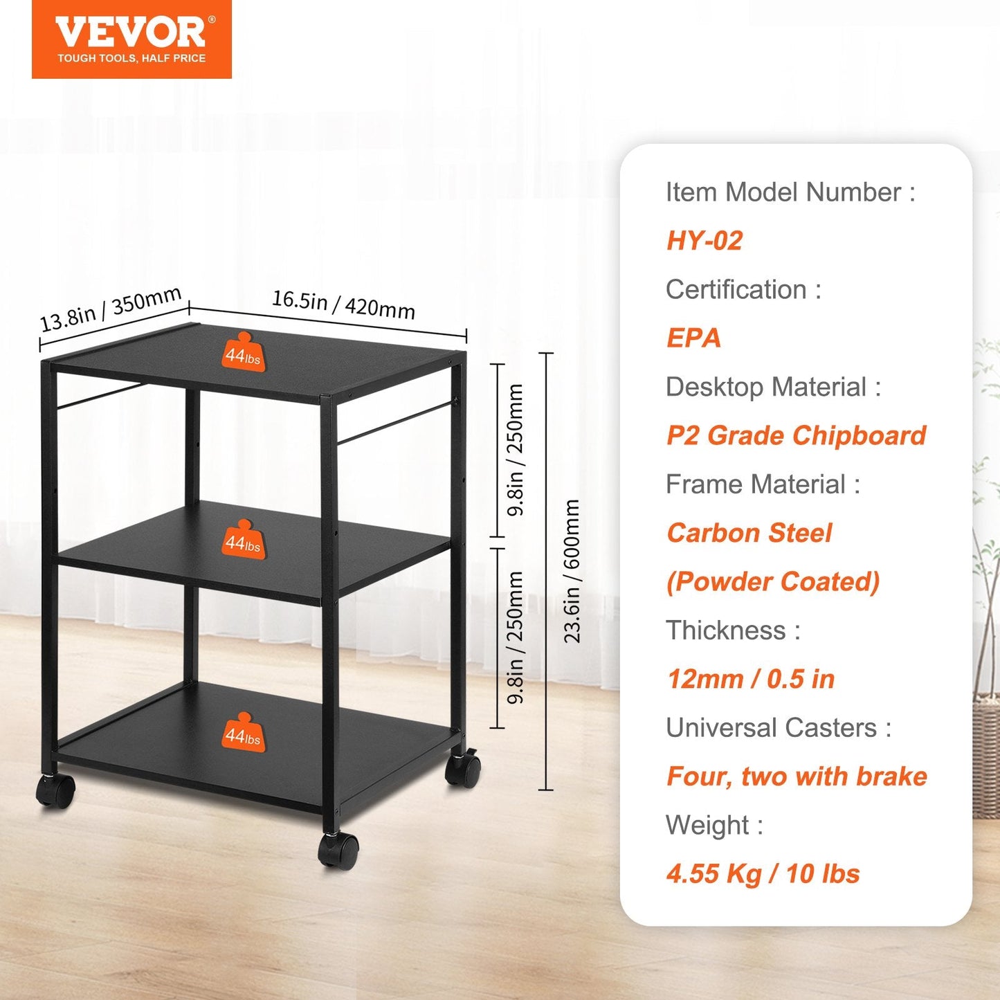 3-Tier Rolling Printer Cart with Hooks and Storage Shelves, 420x350x600 mm