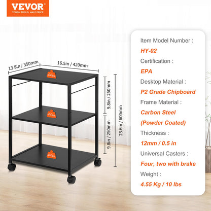 VEVOR Printer Stand 3-Tier Rolling Printer Cart with Hooks and Storage Shelves