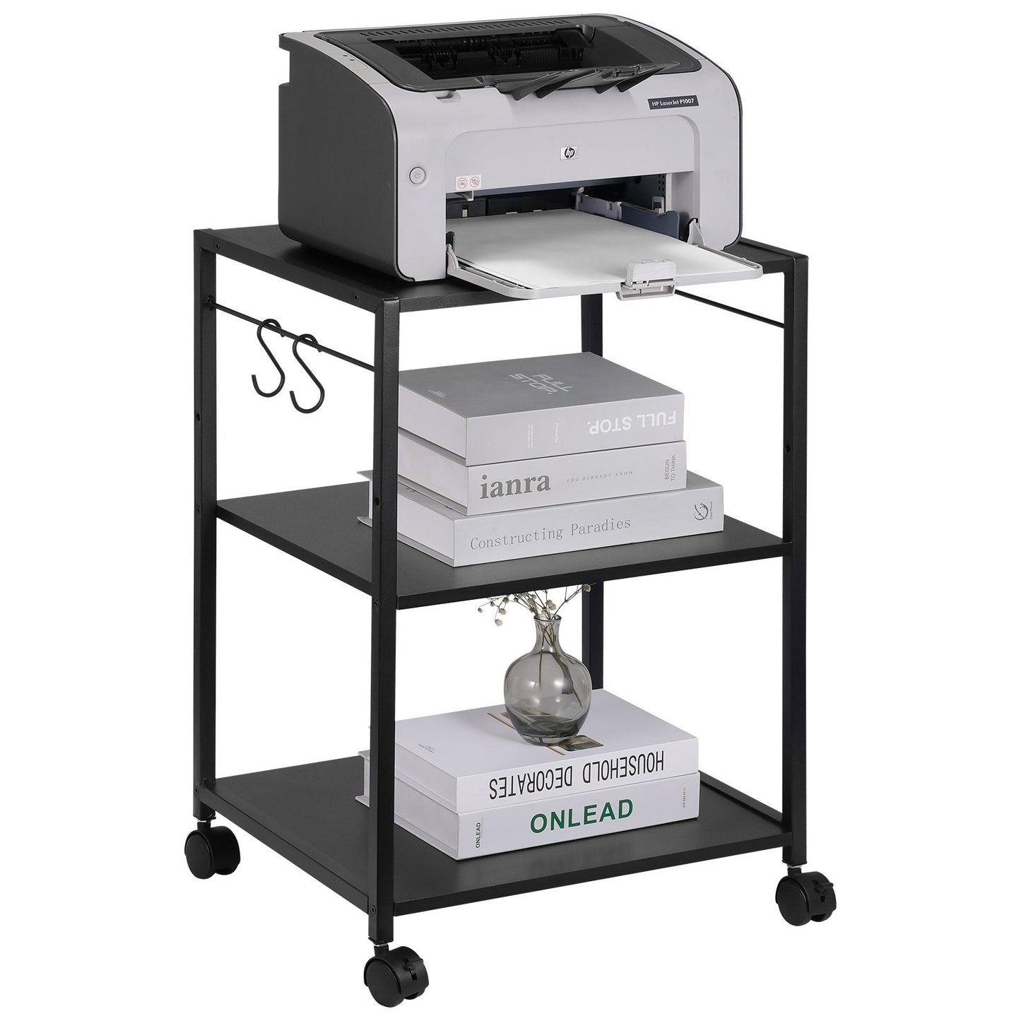 3-Tier Rolling Printer Cart with Hooks and Storage Shelves, 420x350x600 mm