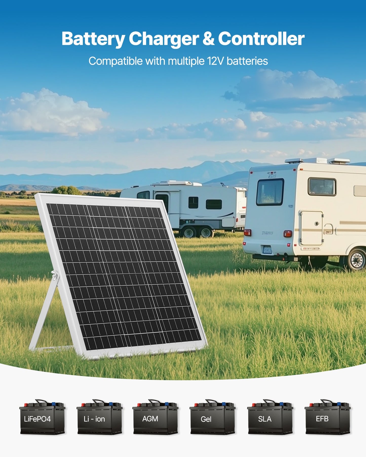 20W 12V Solar Panel Battery Charger, Solar Battery Trickle Charger Maintainer with Intelligent MPPT Controller & Adjustable Mount Bracket, IP67 Waterproof for Car Boat RV Motorcycle Trailer