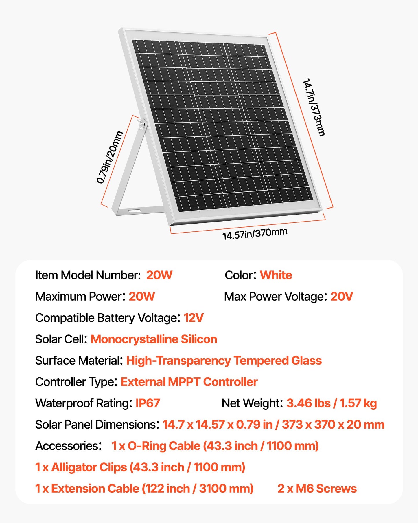 20W 12V Solar Panel Battery Charger, Solar Battery Trickle Charger Maintainer with Intelligent MPPT Controller & Adjustable Mount Bracket, IP67 Waterproof for Car Boat RV Motorcycle Trailer