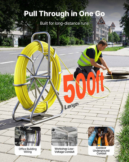 Fish Tape Fiberglass, 152M 6.3MM, Duct Rodder Fishtape Wire Puller with Stand, Cable Running Rod with Locking Mechanism, Fishing Tools, for Walls Floor and Electrical Conduit, Non-Conductive