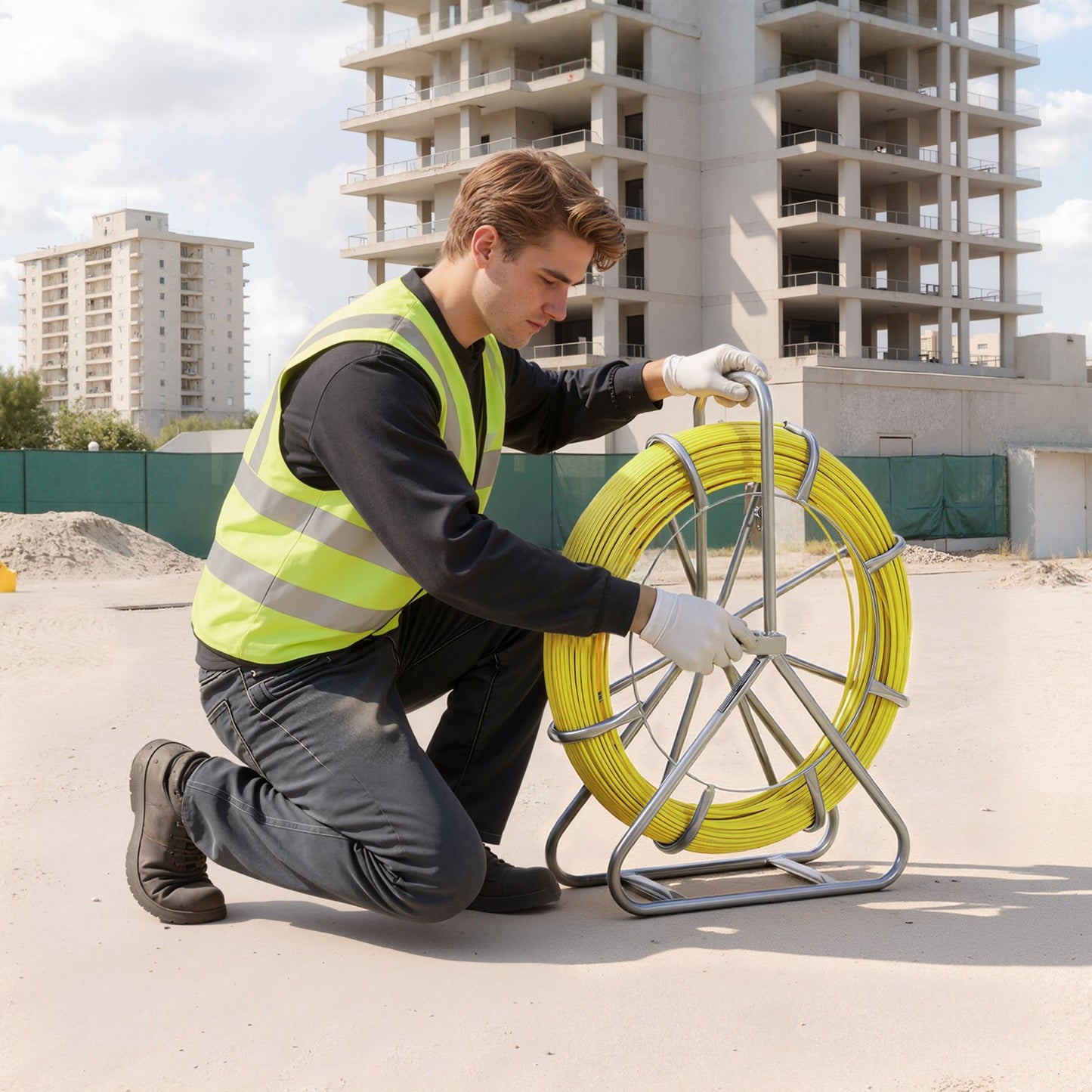 Fish Tape Fiberglass, 152M 6.3MM, Duct Rodder Fishtape Wire Puller with Stand, Cable Running Rod with Locking Mechanism, Fishing Tools, for Walls Floor and Electrical Conduit, Non-Conductive