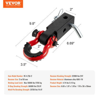 Shackle Hitch Receiver 50 mm, 29.9 Tons Breaking Strength, D Ring Shackle with Trailer Hitch Lock Pin, Heavy Duty Towing Accessories for Trucks, Jeeps, Off-Road Vehicle Recovery, Aluminum Alloy