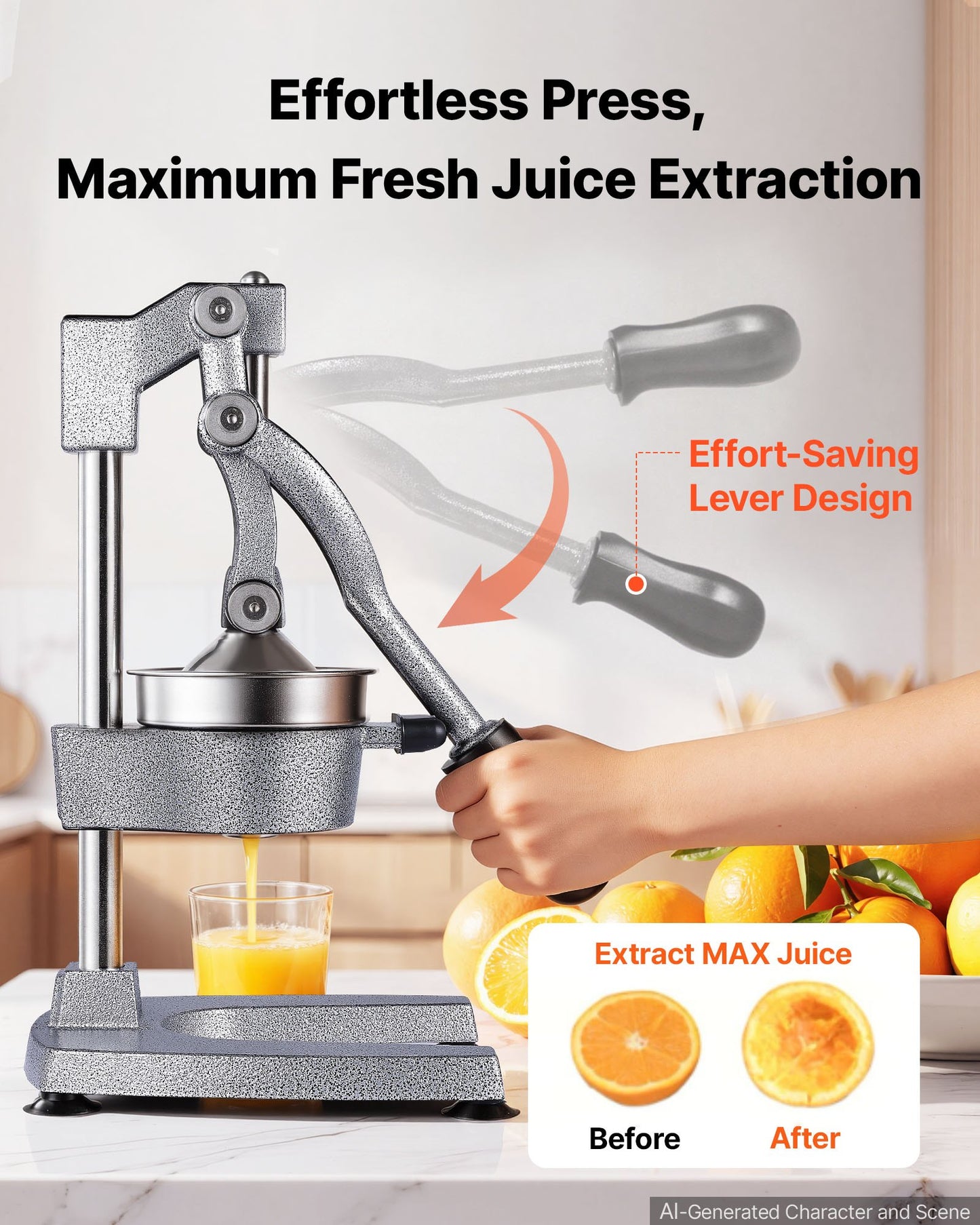 Manual Citrus Juicer, 395mm Tall Hand Press Orange Juicer, Manual Fresh Juice Extractor for Lemon Pomegranate Grapefruit, Heavy-Duty Cast Iron, Easy to Clean, Home & Commercial Use, Silver Gray