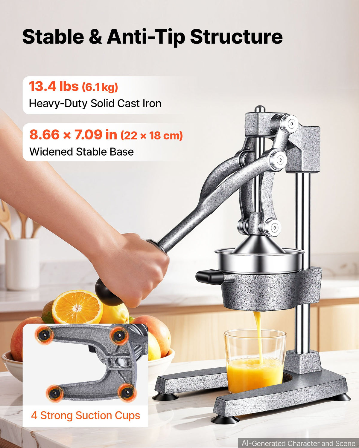 Manual Citrus Juicer, 395mm Tall Hand Press Orange Juicer, Manual Fresh Juice Extractor for Lemon Pomegranate Grapefruit, Heavy-Duty Cast Iron, Easy to Clean, Home & Commercial Use, Silver Gray