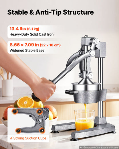 Manual Citrus Juicer, 395mm Tall Hand Press Orange Juicer, Manual Fresh Juice Extractor for Lemon Pomegranate Grapefruit, Heavy-Duty Cast Iron, Easy to Clean, Home & Commercial Use, Silver Gray