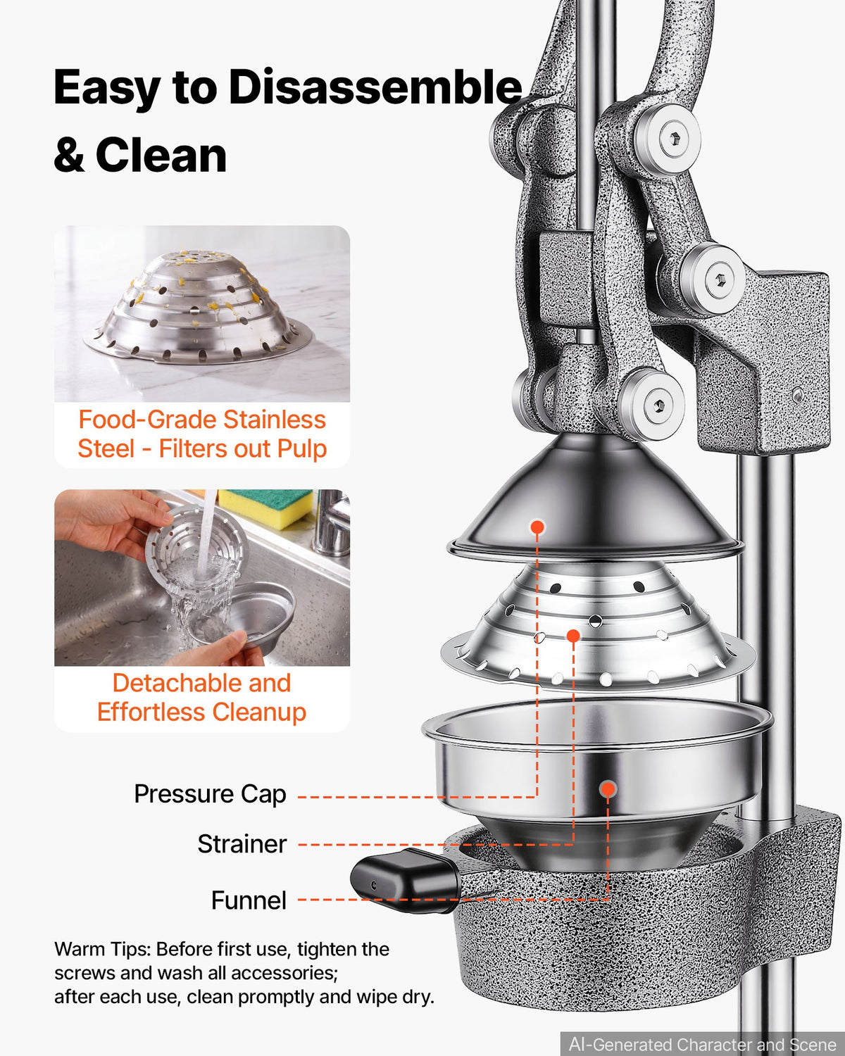 Manual Citrus Juicer, 395mm Tall Hand Press Orange Juicer, Manual Fresh Juice Extractor for Lemon Pomegranate Grapefruit, Heavy-Duty Cast Iron, Easy to Clean, Home & Commercial Use, Silver Gray