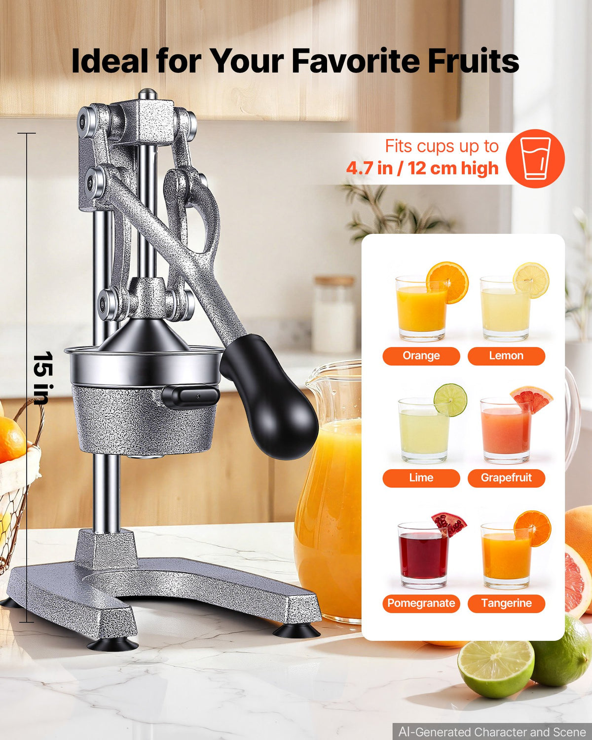 Manual Citrus Juicer, 395mm Tall Hand Press Orange Juicer, Manual Fresh Juice Extractor for Lemon Pomegranate Grapefruit, Heavy-Duty Cast Iron, Easy to Clean, Home & Commercial Use, Silver Gray
