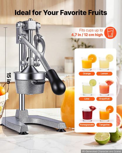 Manual Citrus Juicer, 395mm Tall Hand Press Orange Juicer, Manual Fresh Juice Extractor for Lemon Pomegranate Grapefruit, Heavy-Duty Cast Iron, Easy to Clean, Home & Commercial Use, Silver Gray