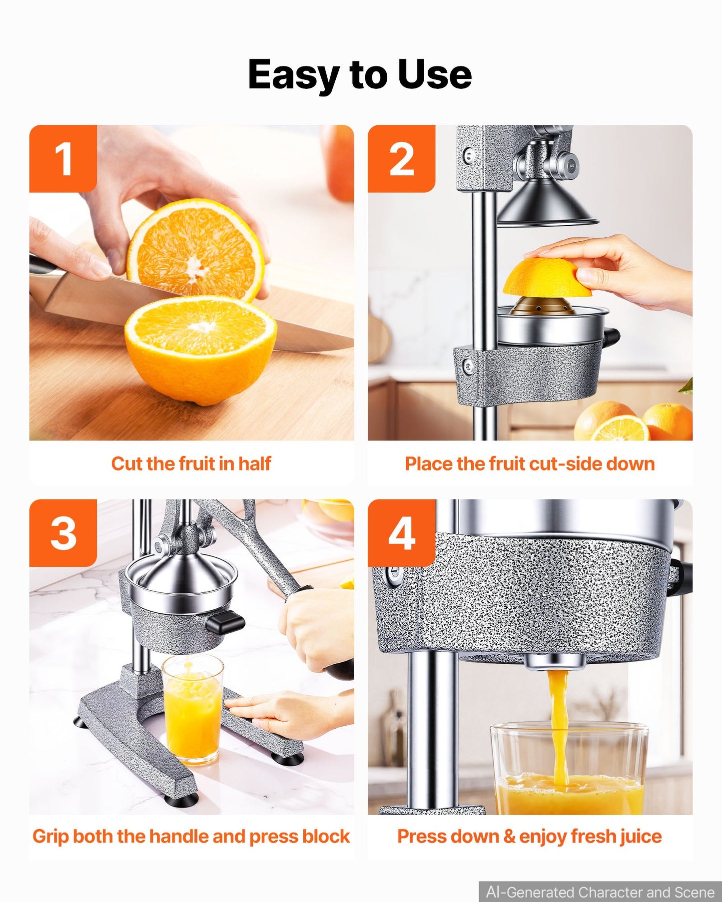 Manual Citrus Juicer, 395mm Tall Hand Press Orange Juicer, Manual Fresh Juice Extractor for Lemon Pomegranate Grapefruit, Heavy-Duty Cast Iron, Easy to Clean, Home & Commercial Use, Silver Gray