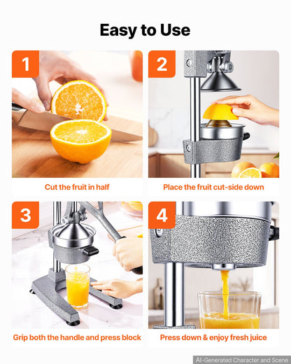Manual Citrus Juicer, 395mm Tall Hand Press Orange Juicer, Manual Fresh Juice Extractor for Lemon Pomegranate Grapefruit, Heavy-Duty Cast Iron, Easy to Clean, Home & Commercial Use, Silver Gray