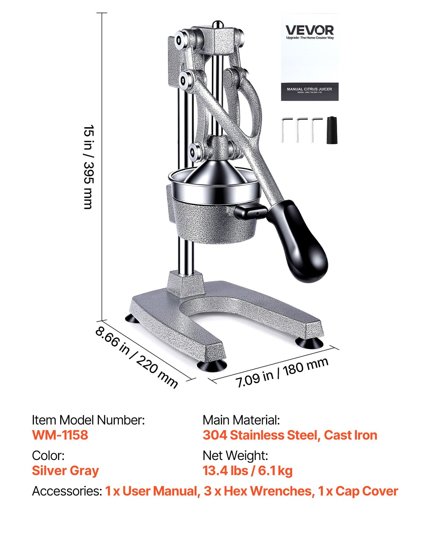 Manual Citrus Juicer, 395mm Tall Hand Press Orange Juicer, Manual Fresh Juice Extractor for Lemon Pomegranate Grapefruit, Heavy-Duty Cast Iron, Easy to Clean, Home & Commercial Use, Silver Gray