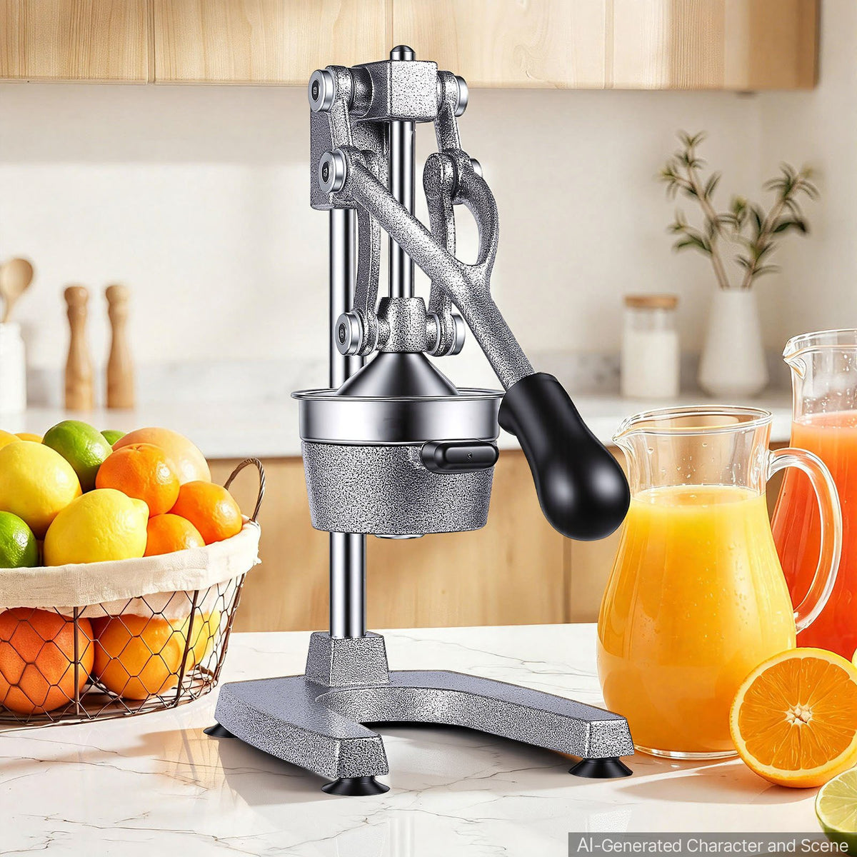 Manual Citrus Juicer, 395mm Tall Hand Press Orange Juicer, Manual Fresh Juice Extractor for Lemon Pomegranate Grapefruit, Heavy-Duty Cast Iron, Easy to Clean, Home & Commercial Use, Silver Gray