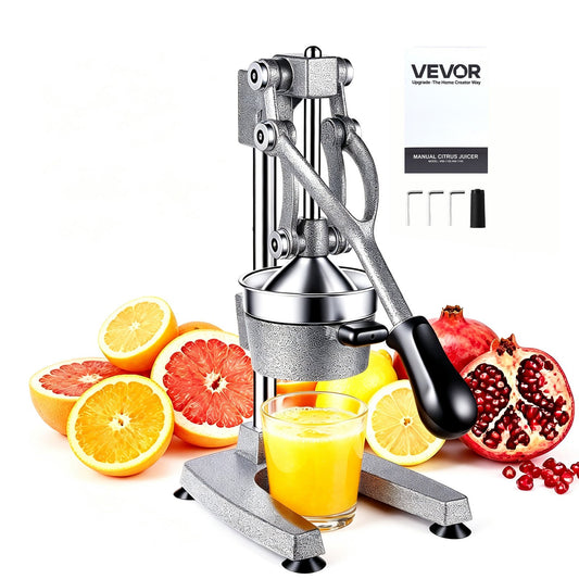 Manual Citrus Juicer, 395mm Tall Hand Press Orange Juicer, Manual Fresh Juice Extractor for Lemon Pomegranate Grapefruit, Heavy-Duty Cast Iron, Easy to Clean, Home & Commercial Use, Silver Gray