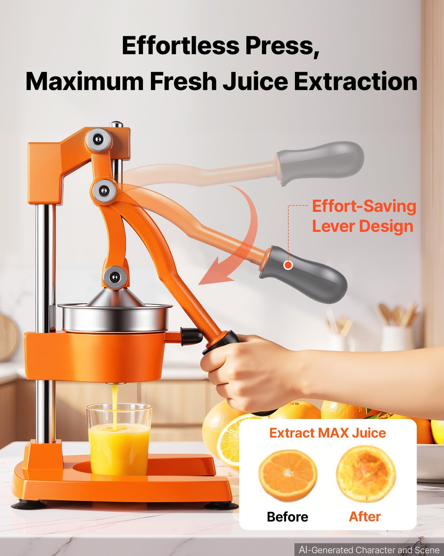 Manual Citrus Juicer, 395mm Tall Hand Press Orange Juicer, Manual Fresh Juice Extractor for Lemon Pomegranate Grapefruit, Heavy-Duty Cast Iron, Easy to Clean, Home & Commercial Use, Orange