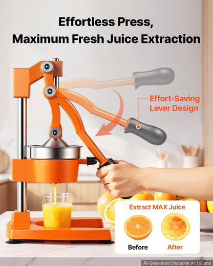 Manual Citrus Juicer, 395mm Tall Hand Press Orange Juicer, Manual Fresh Juice Extractor for Lemon Pomegranate Grapefruit, Heavy-Duty Cast Iron, Easy to Clean, Home & Commercial Use, Orange