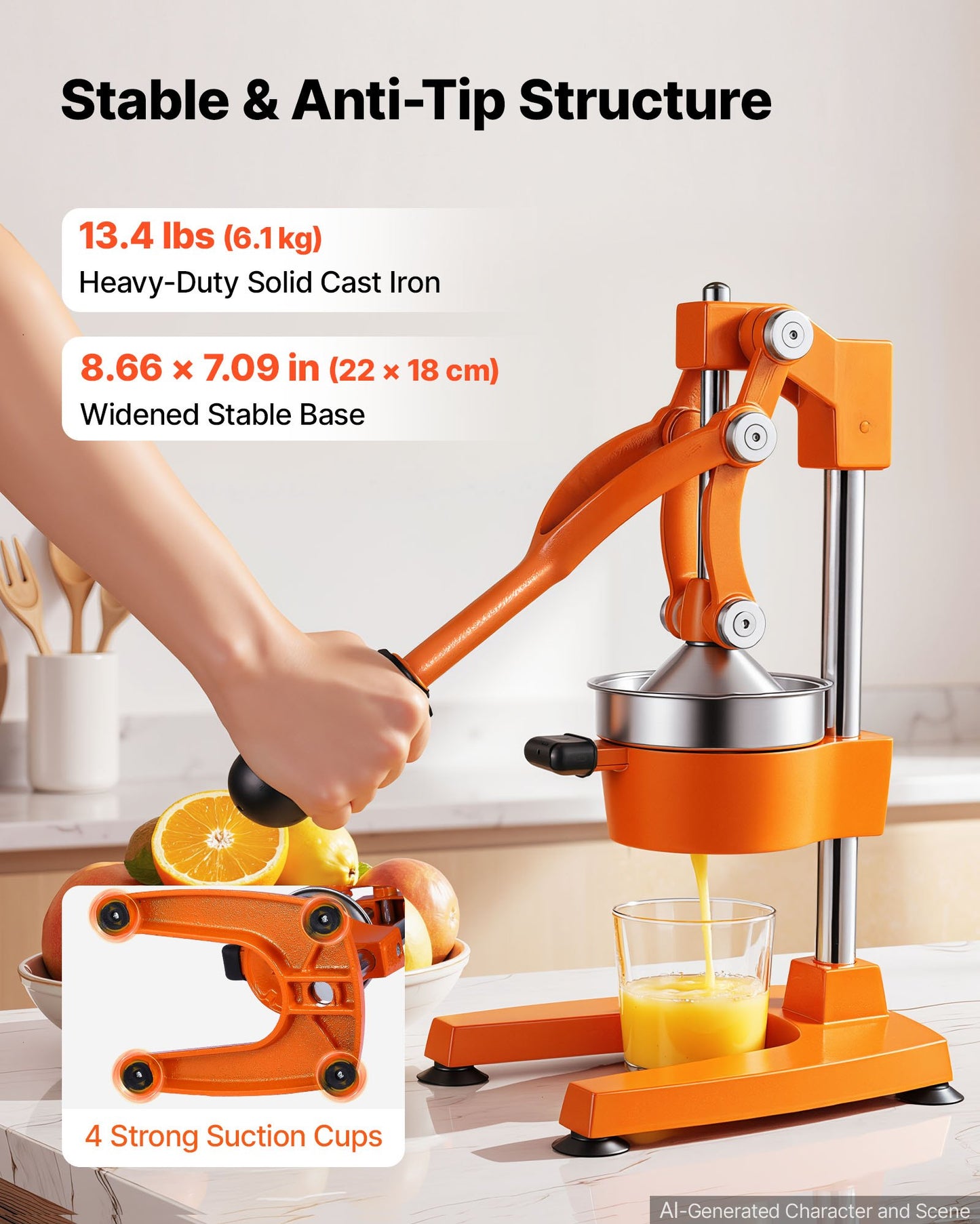 Manual Citrus Juicer, 395mm Tall Hand Press Orange Juicer, Manual Fresh Juice Extractor for Lemon Pomegranate Grapefruit, Heavy-Duty Cast Iron, Easy to Clean, Home & Commercial Use, Orange