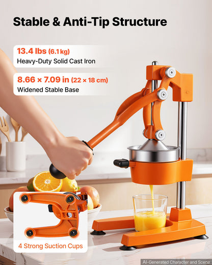 Manual Citrus Juicer, 395mm Tall Hand Press Orange Juicer, Manual Fresh Juice Extractor for Lemon Pomegranate Grapefruit, Heavy-Duty Cast Iron, Easy to Clean, Home & Commercial Use, Orange