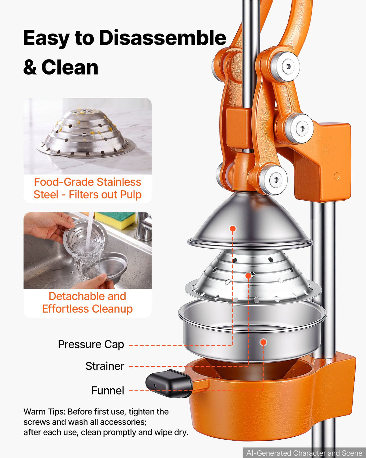 Manual Citrus Juicer, 395mm Tall Hand Press Orange Juicer, Manual Fresh Juice Extractor for Lemon Pomegranate Grapefruit, Heavy-Duty Cast Iron, Easy to Clean, Home & Commercial Use, Orange