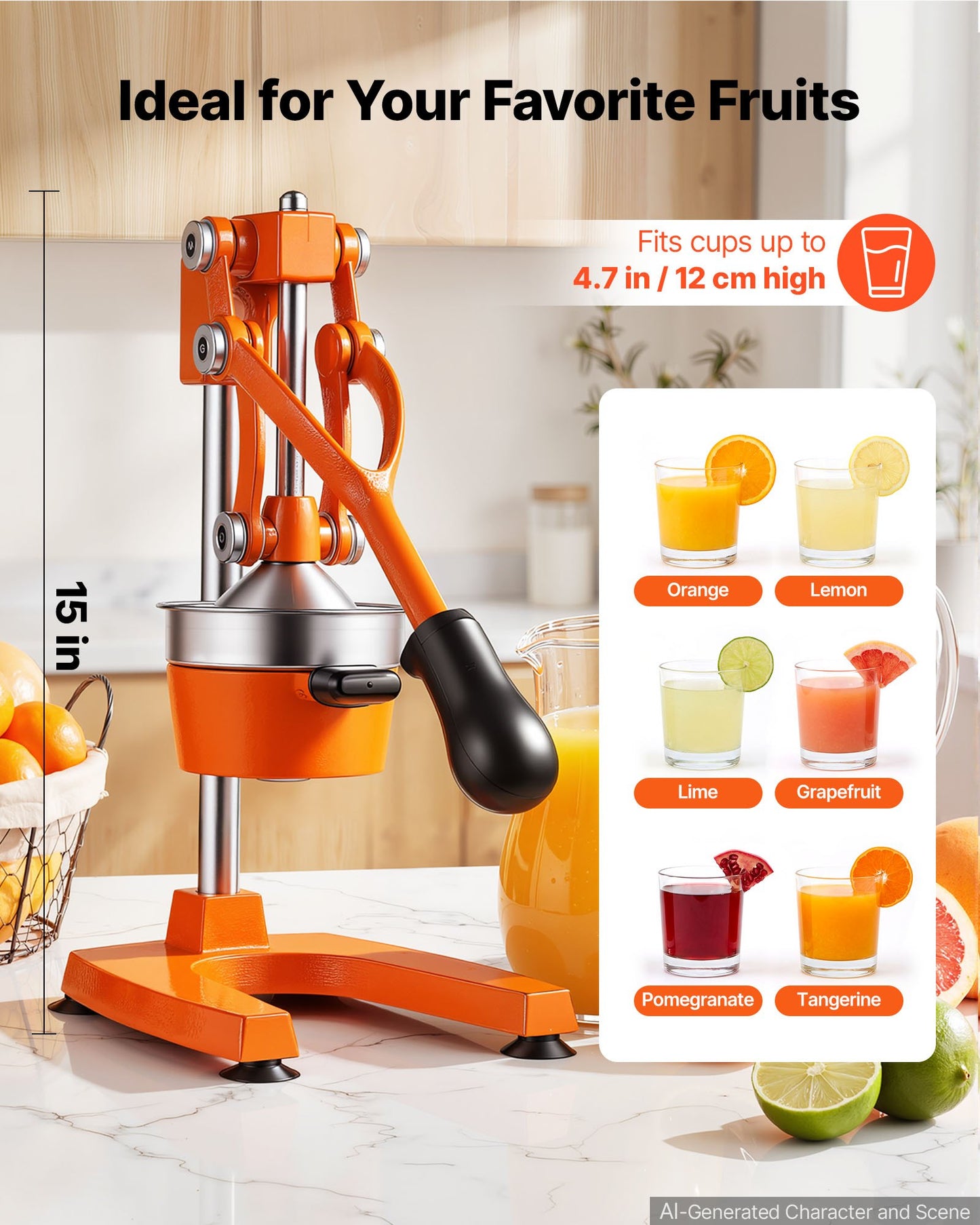 Manual Citrus Juicer, 395mm Tall Hand Press Orange Juicer, Manual Fresh Juice Extractor for Lemon Pomegranate Grapefruit, Heavy-Duty Cast Iron, Easy to Clean, Home & Commercial Use, Orange