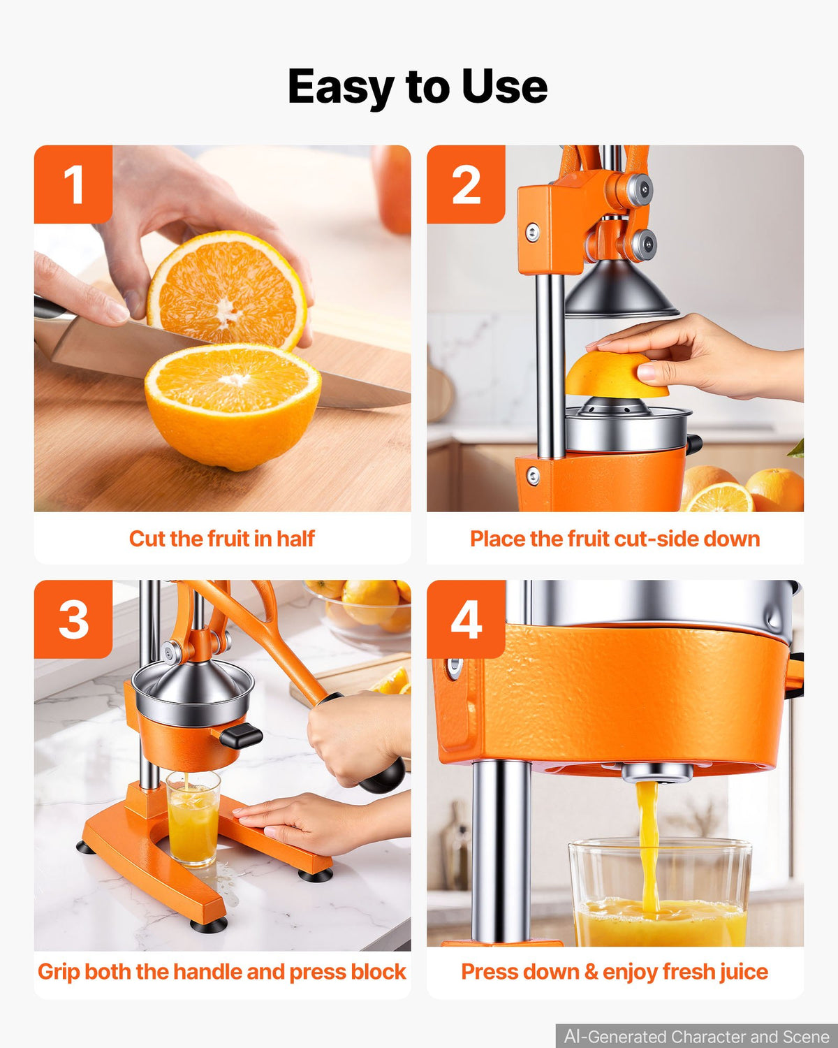 Manual Citrus Juicer, 395mm Tall Hand Press Orange Juicer, Manual Fresh Juice Extractor for Lemon Pomegranate Grapefruit, Heavy-Duty Cast Iron, Easy to Clean, Home & Commercial Use, Orange
