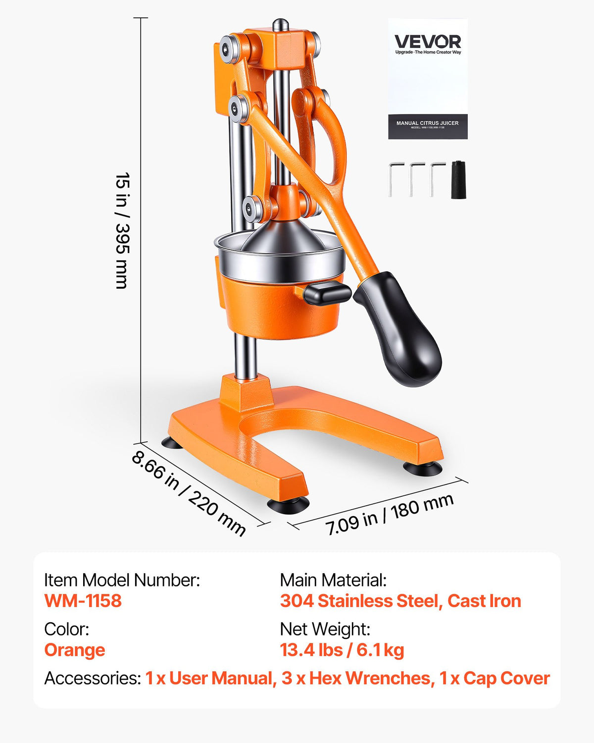 Manual Citrus Juicer, 395mm Tall Hand Press Orange Juicer, Manual Fresh Juice Extractor for Lemon Pomegranate Grapefruit, Heavy-Duty Cast Iron, Easy to Clean, Home & Commercial Use, Orange