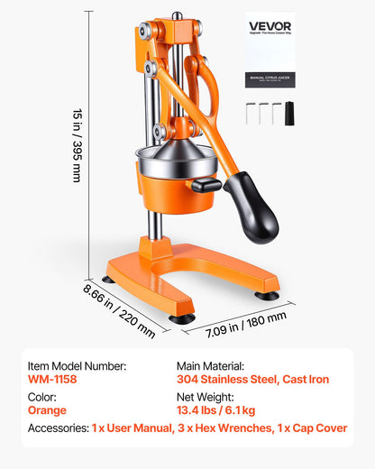 Manual Citrus Juicer, 395mm Tall Hand Press Orange Juicer, Manual Fresh Juice Extractor for Lemon Pomegranate Grapefruit, Heavy-Duty Cast Iron, Easy to Clean, Home & Commercial Use, Orange