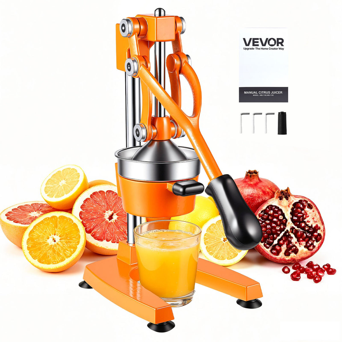 Manual Citrus Juicer, 395mm Tall Hand Press Orange Juicer, Manual Fresh Juice Extractor for Lemon Pomegranate Grapefruit, Heavy-Duty Cast Iron, Easy to Clean, Home & Commercial Use, Orange
