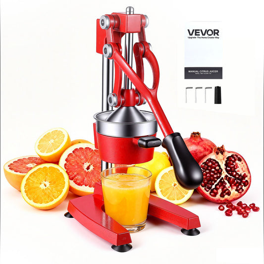 Manual Citrus Juicer, 395mm Tall Hand Press Orange Juicer, Manual Fresh Juice Extractor for Lemon Pomegranate Grapefruit, Heavy-Duty Cast Iron, Easy to Clean, Home & Commercial Use, Red