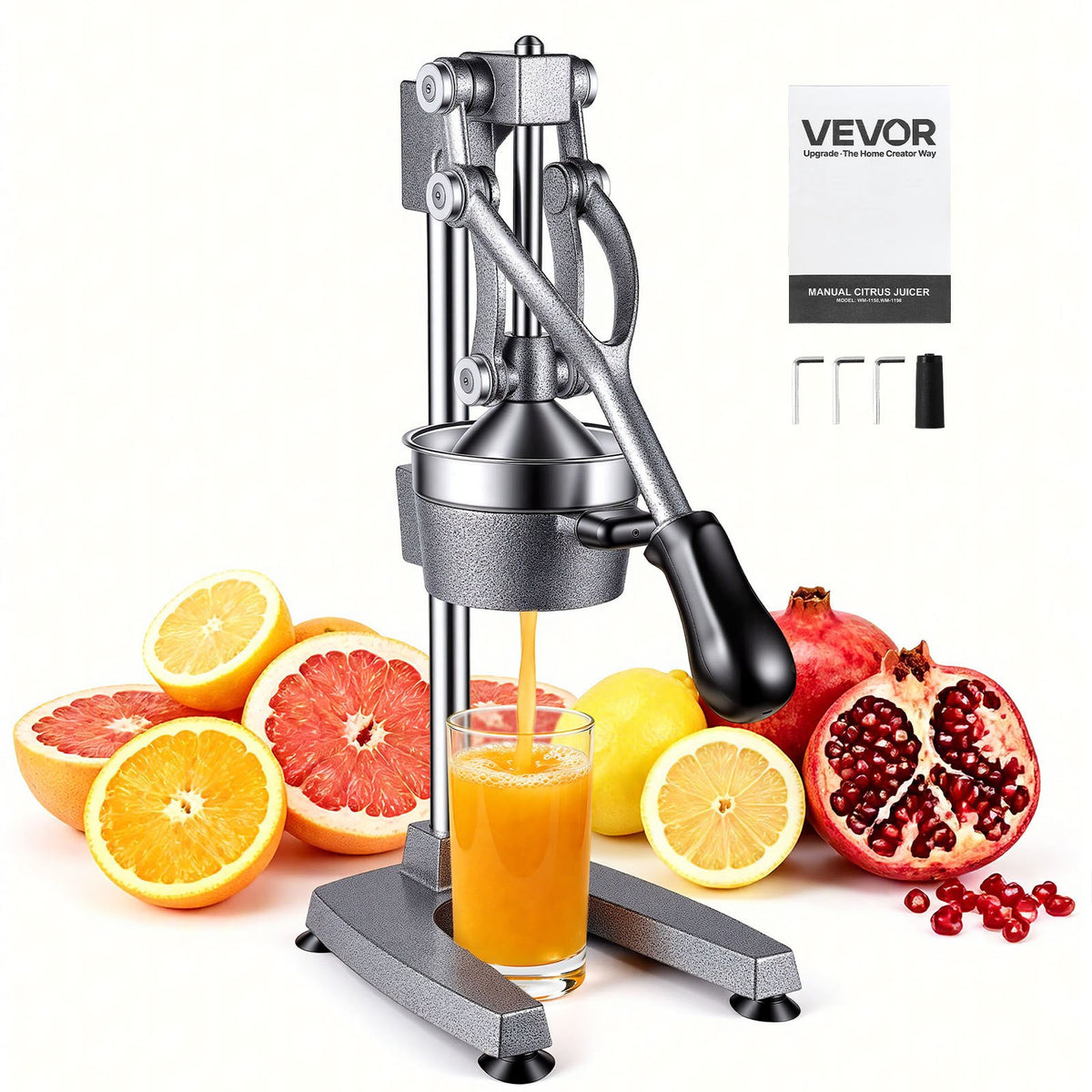 Manual Citrus Juicer, 480mm Tall Hand Press Orange Juicer, Manual Fresh Juice Extractor for Lemon Pomegranate Grapefruit, Heavy-Duty Cast Iron, Easy to Clean, Home & Commercial Use, Silver Gray