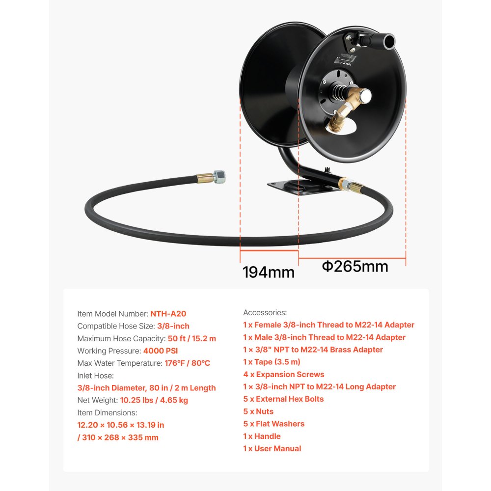 Pressure Washer Hose Reel 15.2m x 9.5mm Steel Wall Floor Mount 4000PSI