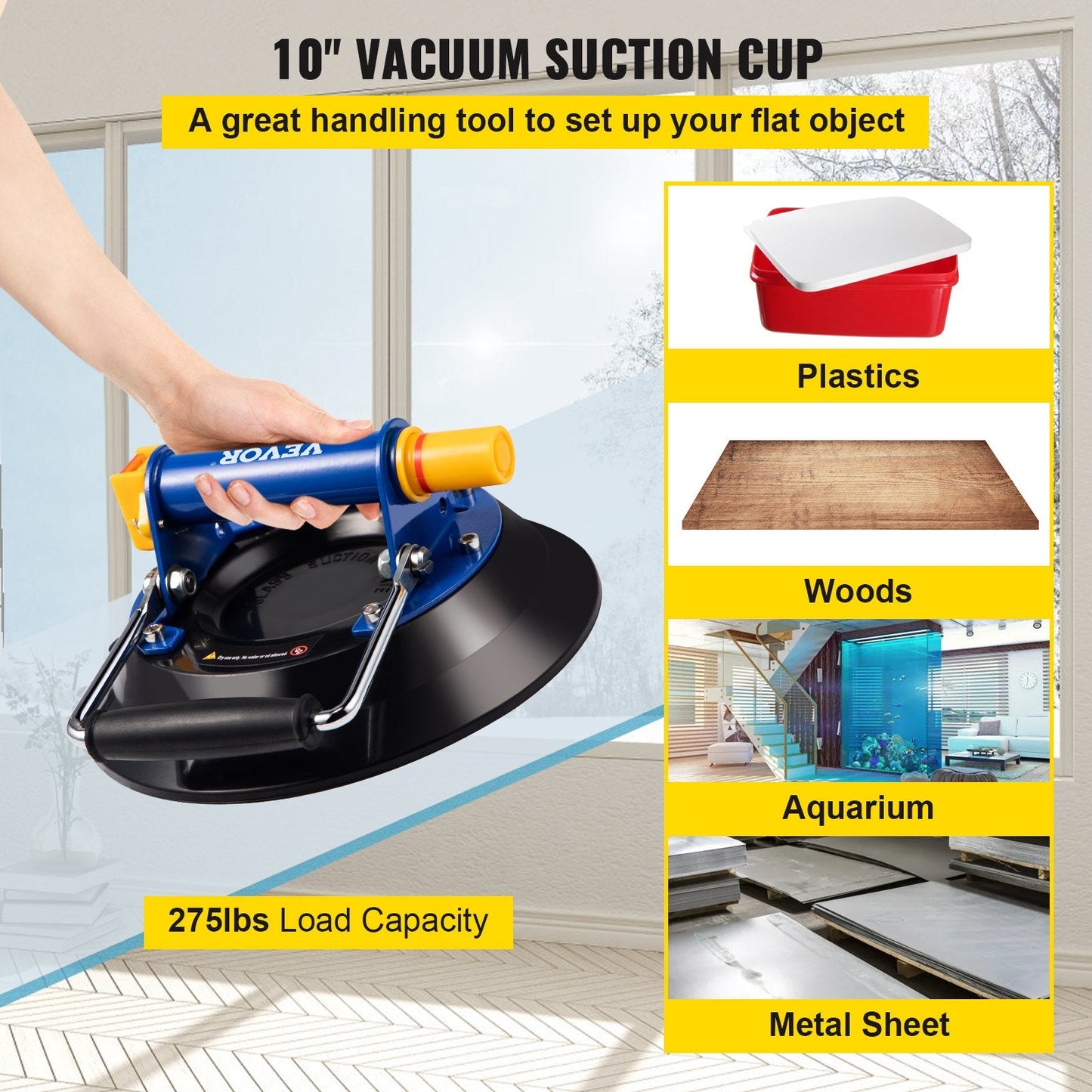 Heavy-Duty Glass Lifter Vacuum Suction Cup, 25.4cm, 125kg Load Capacity