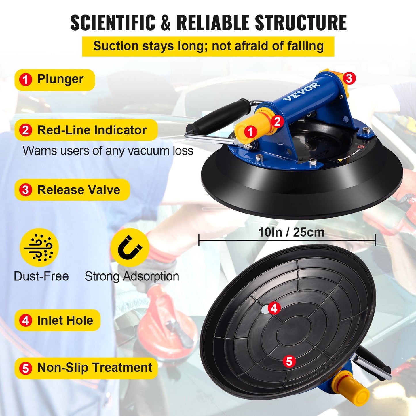 Heavy-Duty Glass Lifter Vacuum Suction Cup, 25.4cm, 125kg Load Capacity