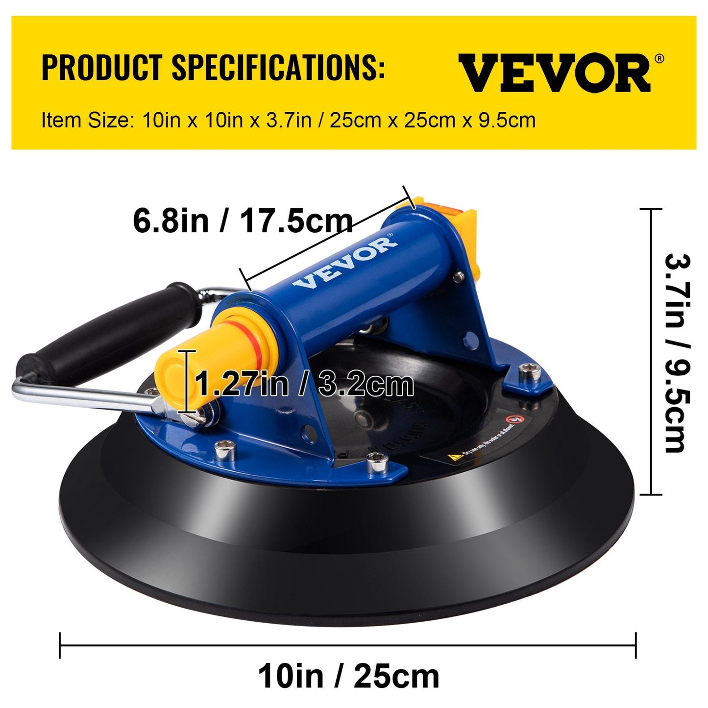 Heavy-Duty Glass Lifter Vacuum Suction Cup, 25.4cm, 125kg Load Capacity