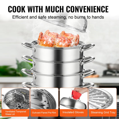 28CM Stainless Steel Food Steamer Set Glass Lid 5 Tier Kitchen Pan Cookware
