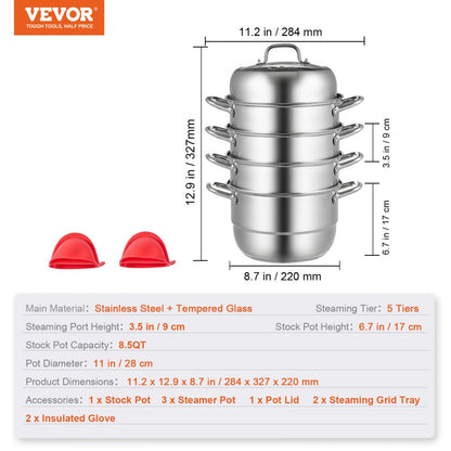 28CM Stainless Steel Food Steamer Set Glass Lid 5 Tier Kitchen Pan Cookware