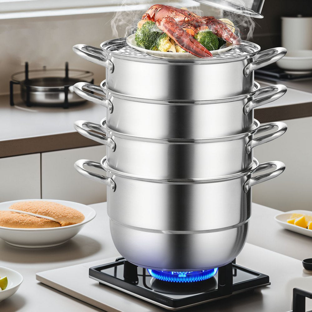 28CM Stainless Steel Food Steamer Set Glass Lid 5 Tier Kitchen Pan Cookware